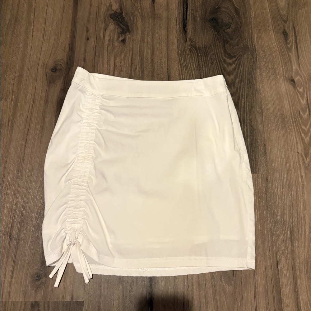 White Ruched Side Tie Mini Skirt